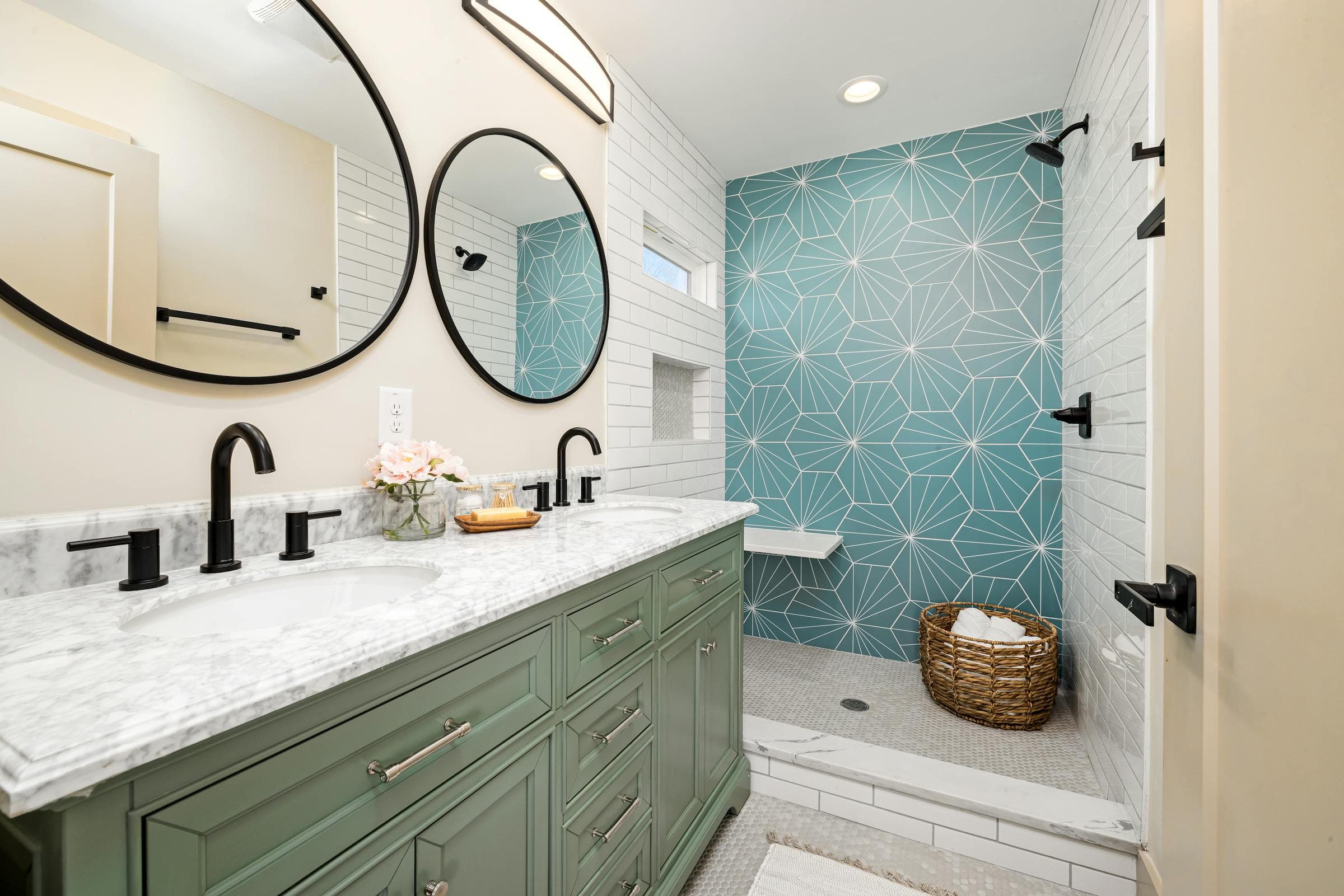 Modern remodeled bathroom with walk-in shower