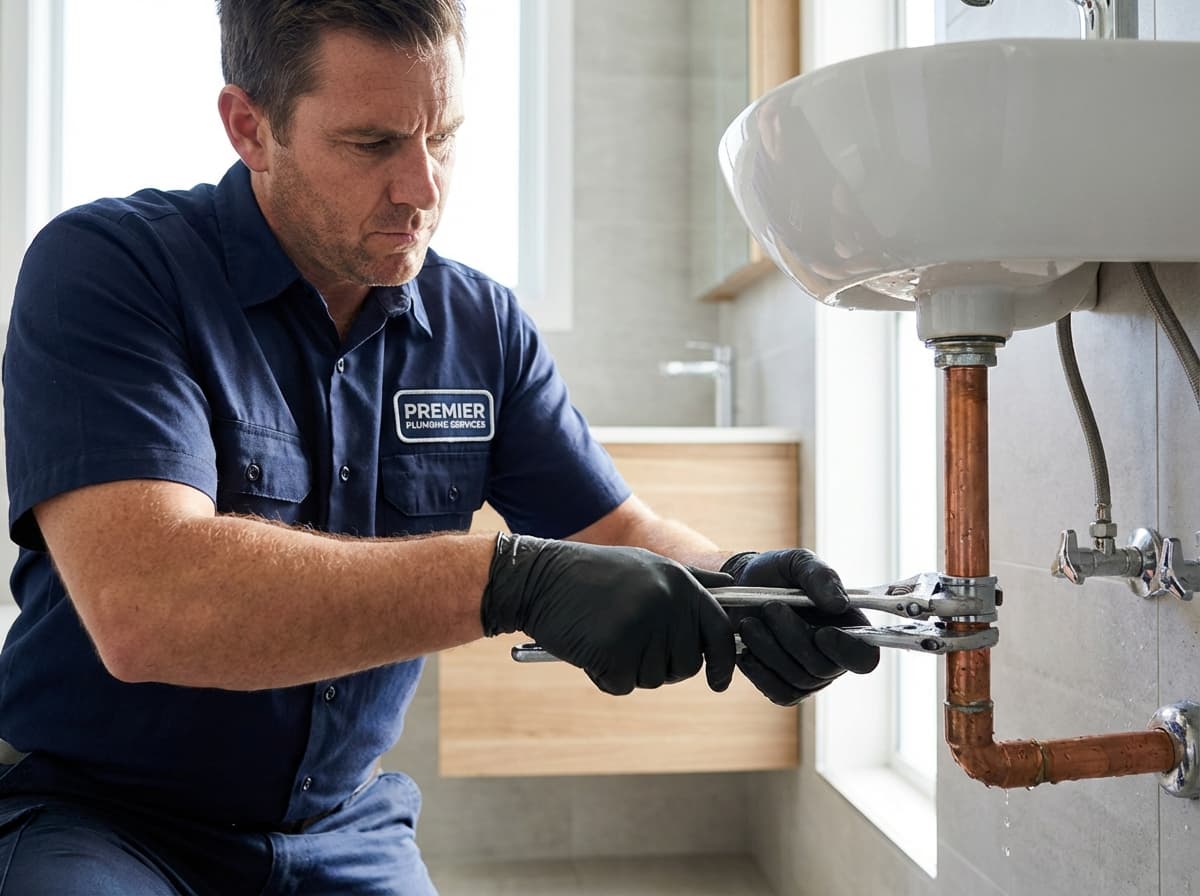 Professional plumber fixing pipes